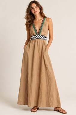 Corey Lynn Calter Ribbon Detail Cotton Maxi Dress Tan Multicolor Size 2